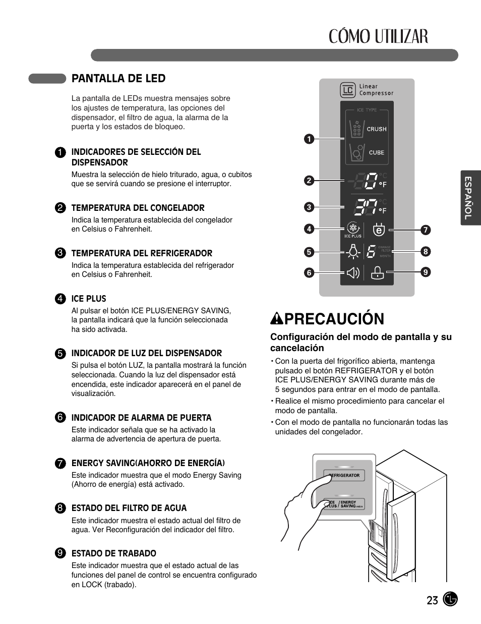 Wprecaución, 23 pantalla de led | LG LMX28988ST User Manual | Page 127 / 156
