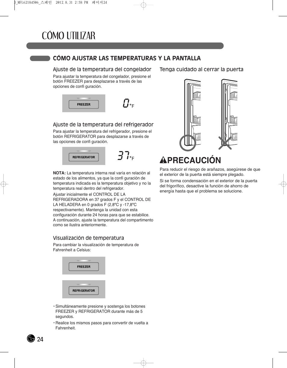 Wprecaución, 24 cómo ajustar las temperaturas y la pantalla | LG LMX28988ST User Manual | Page 128 / 156