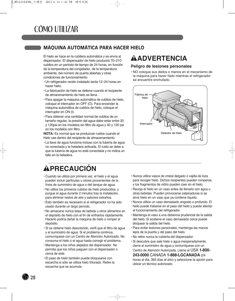 Wadvertencia, Wprecaución, 28 máquina automática para hacer hielo | LG LMX28988ST User Manual | Page 132 / 156