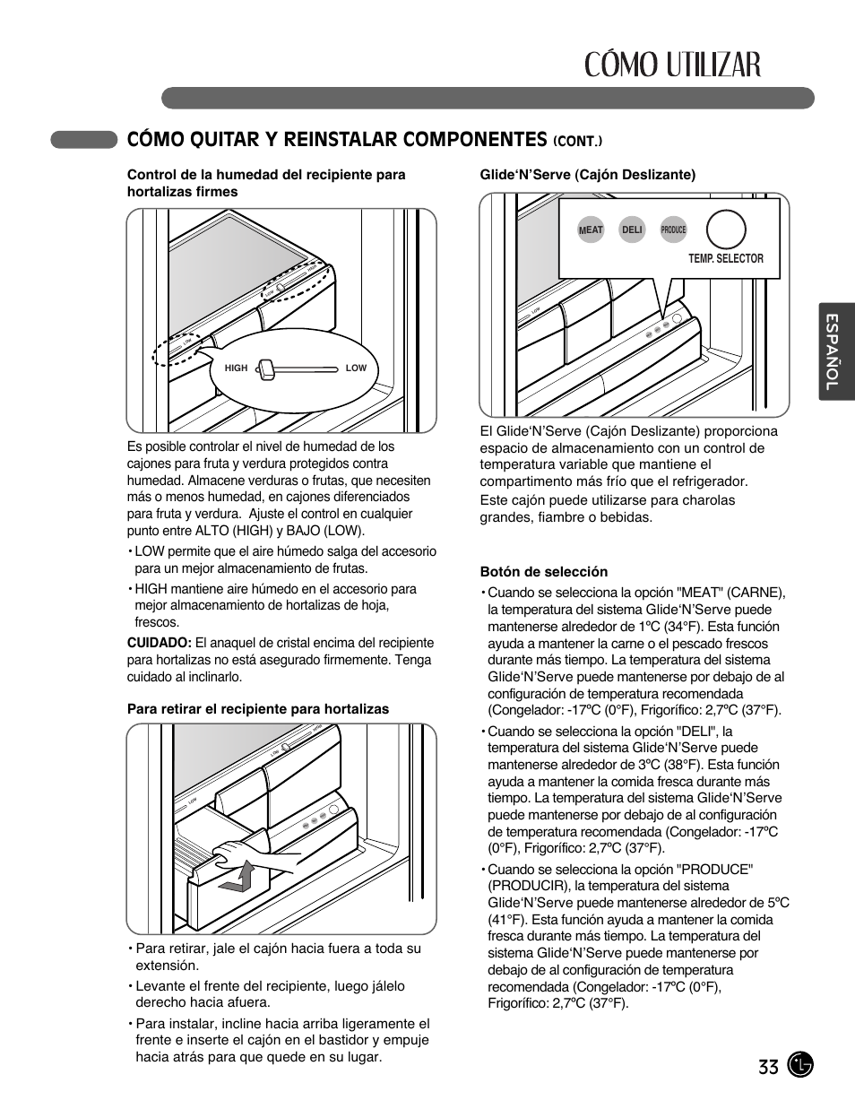 33 cómo quitar y reinstalar componentes, Español, Cont.) | Temp. selector | LG LMX28988ST User Manual | Page 137 / 156