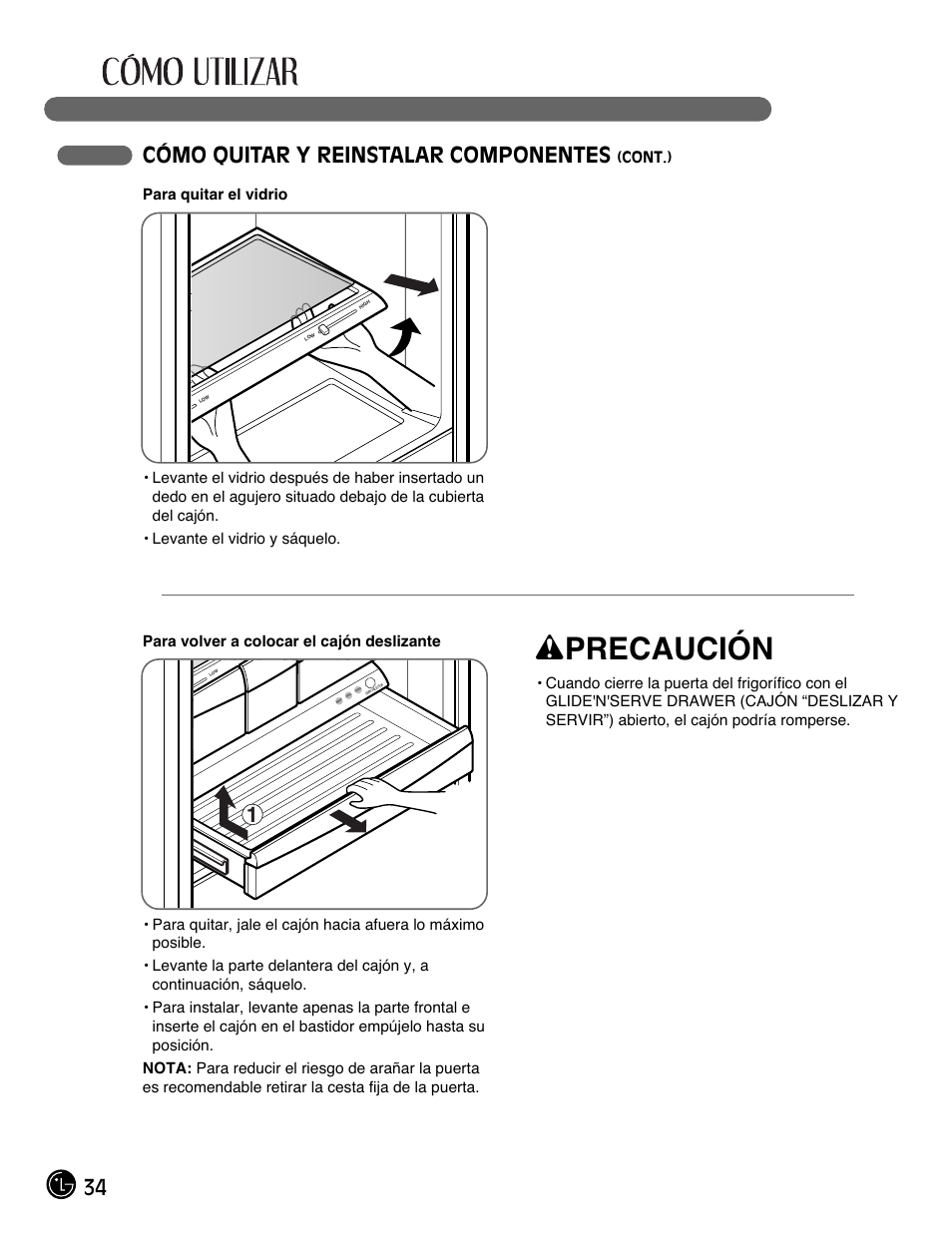 Wprecaución, 34 cómo quitar y reinstalar componentes | LG LMX28988ST User Manual | Page 138 / 156