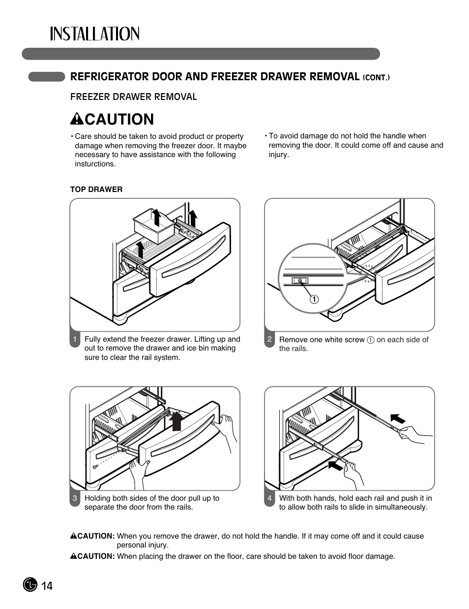 Wcaution, 14 refrigerator door and freezer drawer removal | LG LMX28988ST User Manual | Page 14 / 156