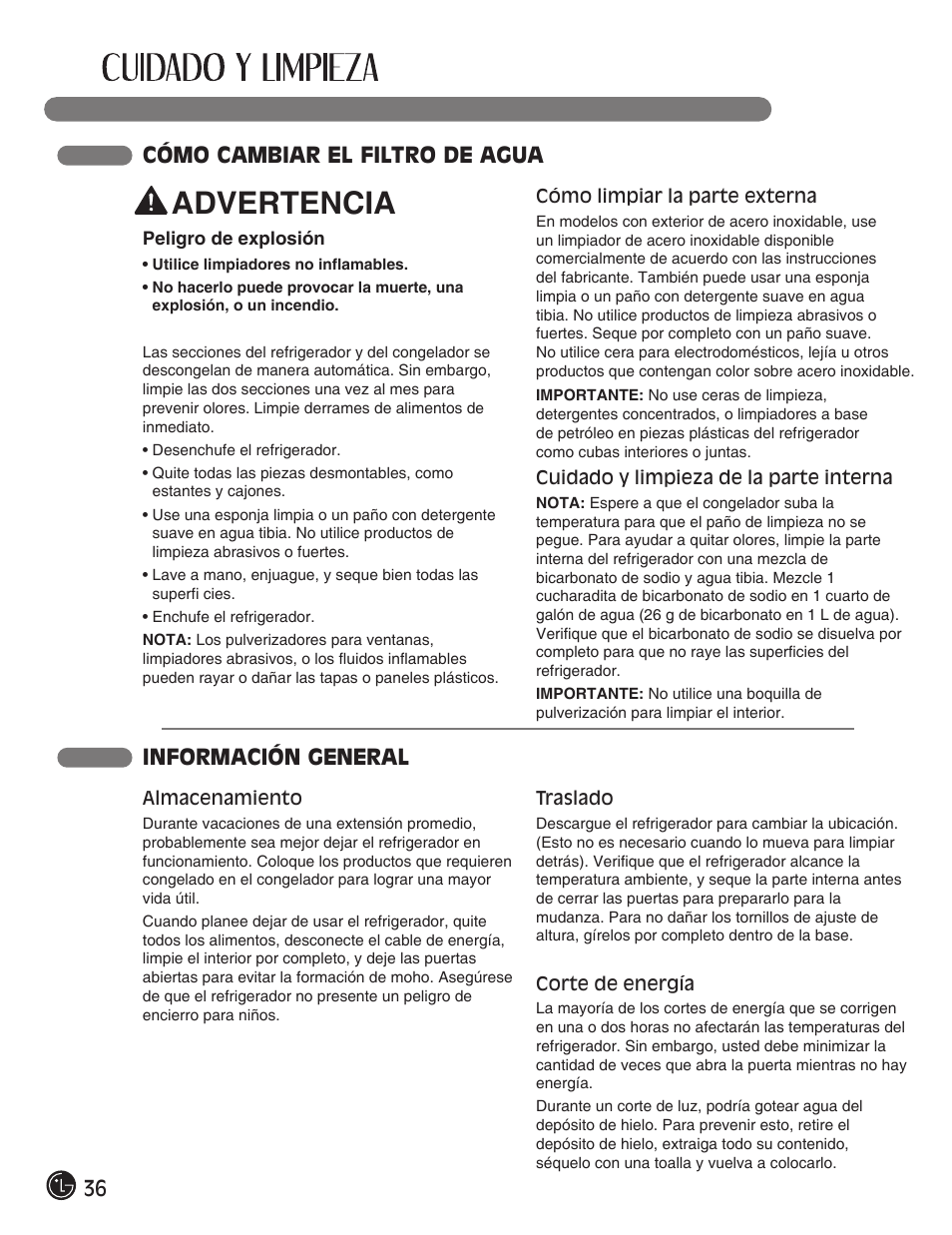 Advertencia, 36 cómo cambiar el filtro de agua, Información general | LG LMX28988ST User Manual | Page 140 / 156