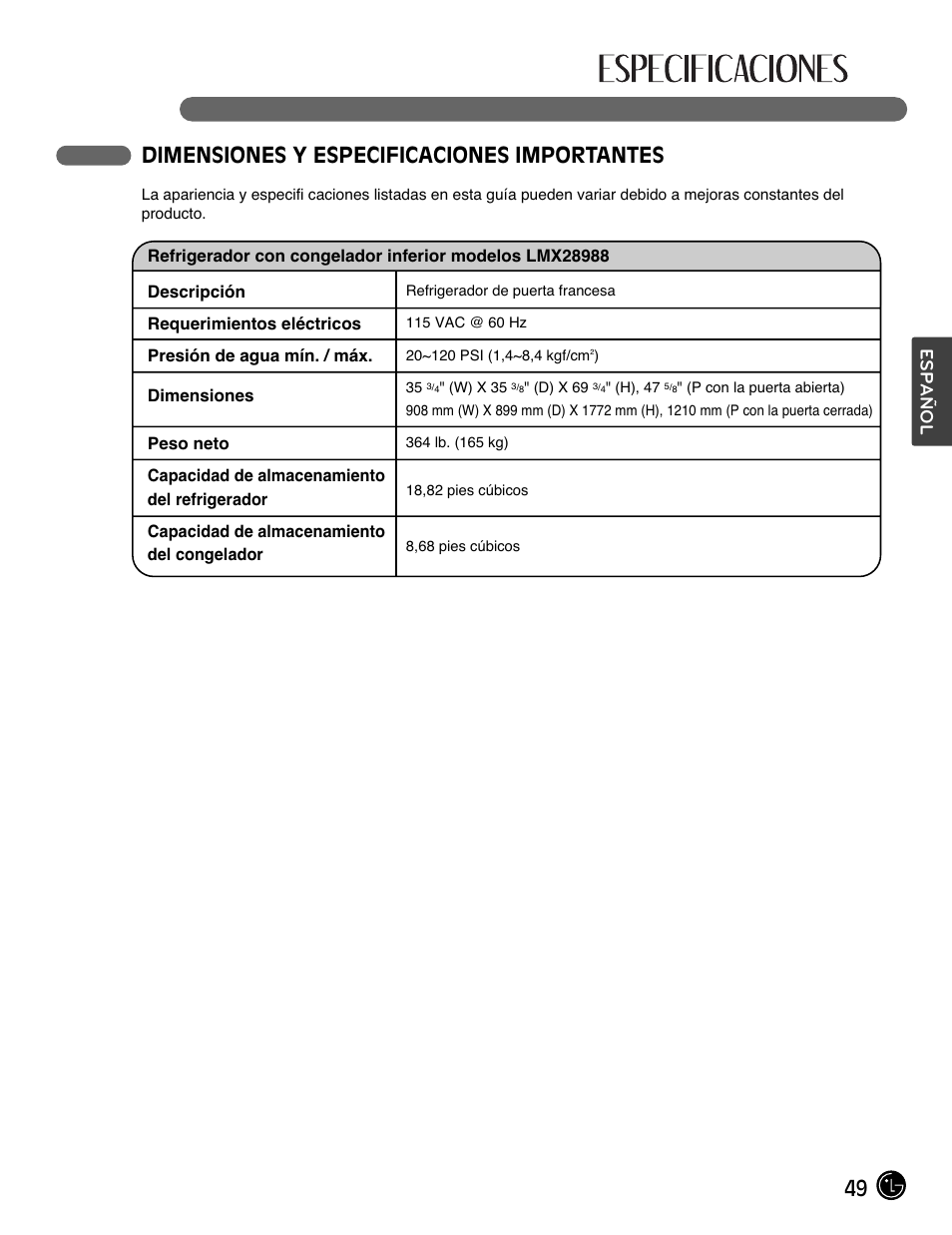 Dimensiones y especificaciones importantes, Español | LG LMX28988ST User Manual | Page 153 / 156