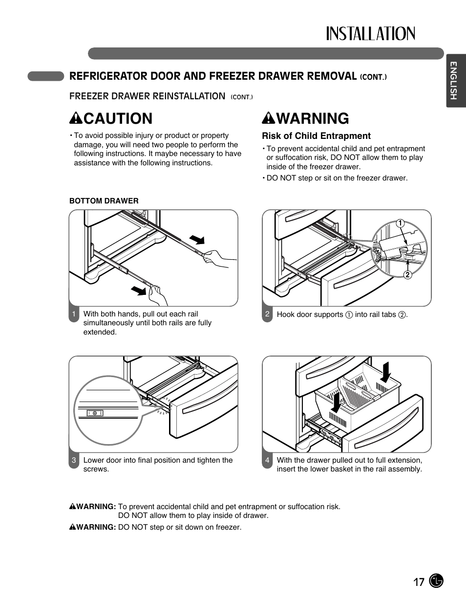 Wcaution, Wwarning, 17 refrigerator door and freezer drawer removal | LG LMX28988ST User Manual | Page 17 / 156