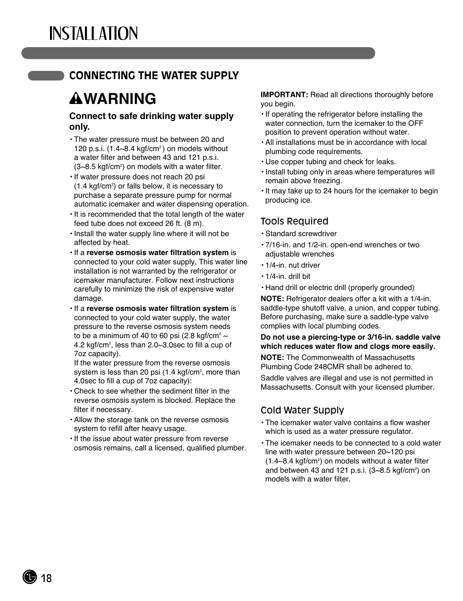Wwarning, 18 connecting the water supply | LG LMX28988ST User Manual | Page 18 / 156