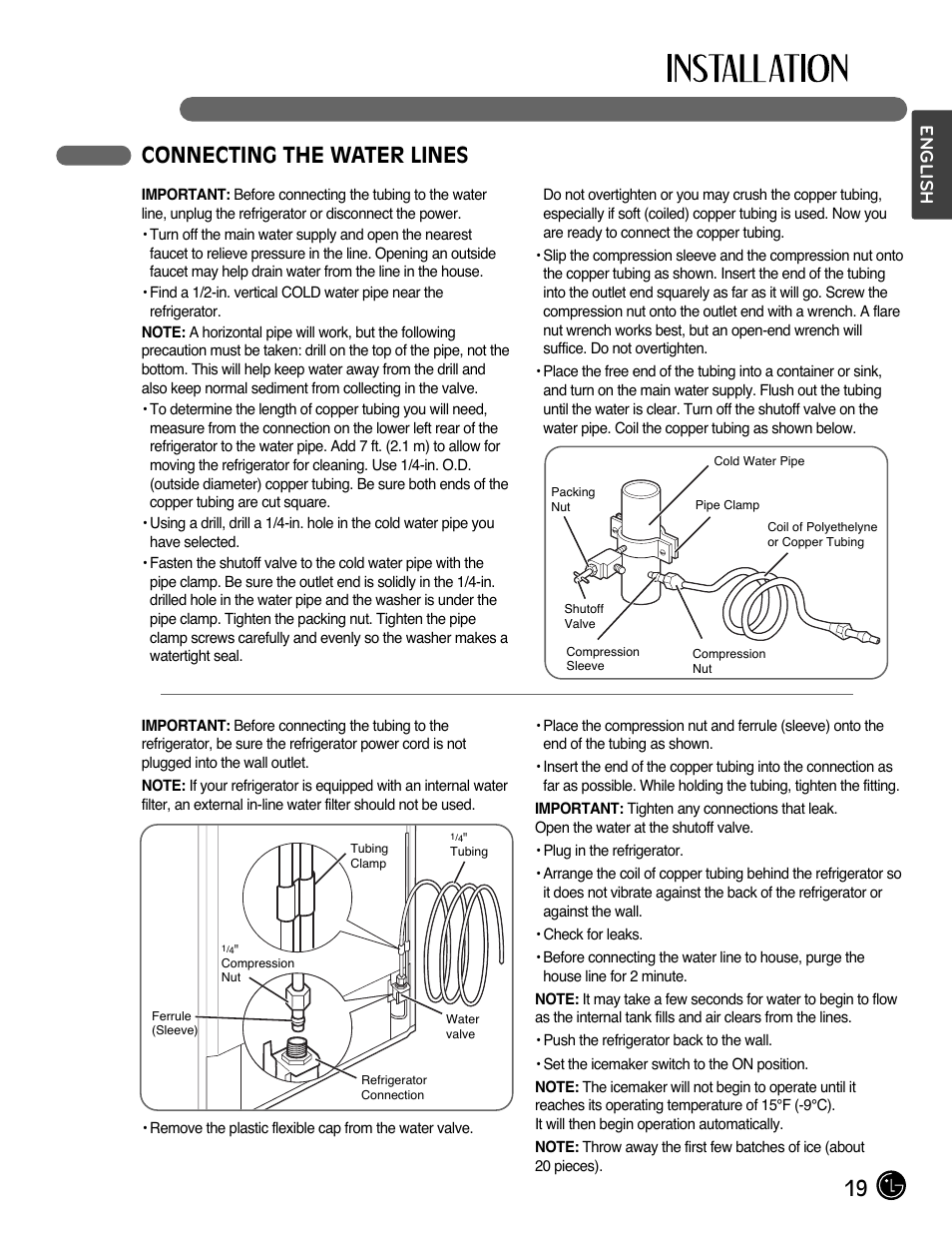 19 connecting the water lines, English | LG LMX28988ST User Manual | Page 19 / 156