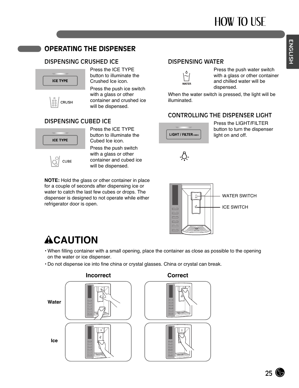 Wcaution, 25 operating the dispenser | LG LMX28988ST User Manual | Page 25 / 156