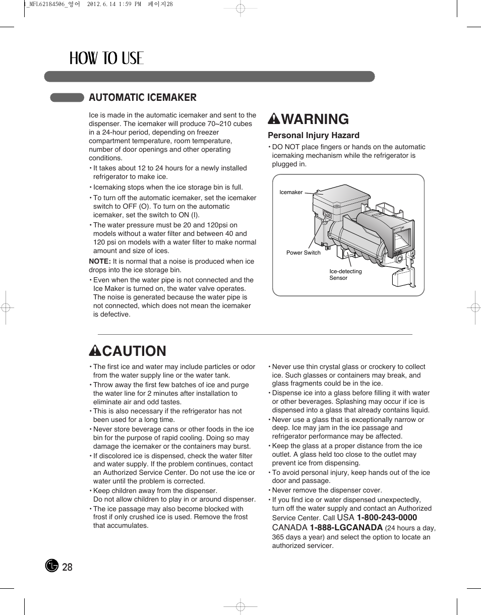 Wwarning, Wcaution, 28 automatic icemaker | LG LMX28988ST User Manual | Page 28 / 156