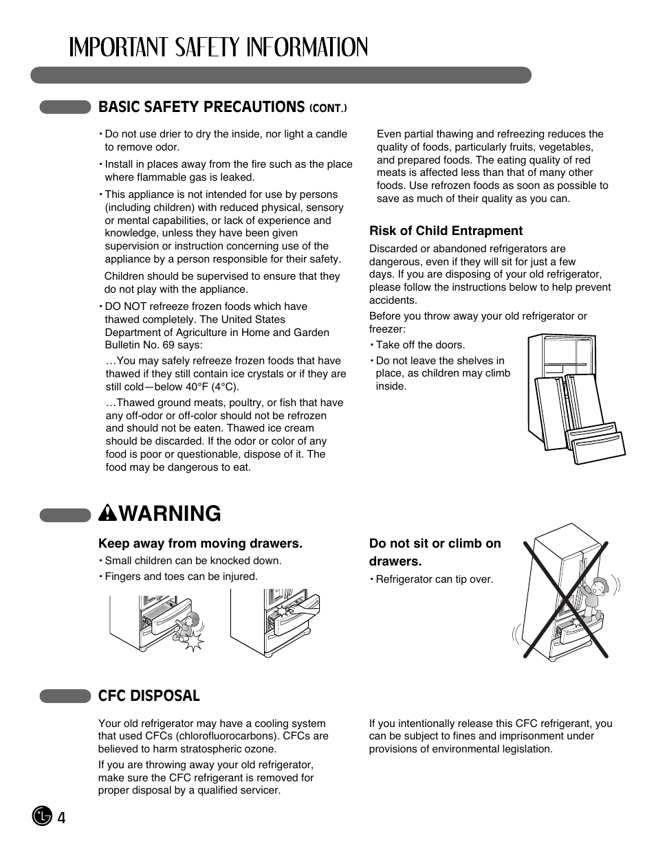 Wwarning, 4basic safety precautions, Cfc disposal | LG LMX28988ST User Manual | Page 4 / 156