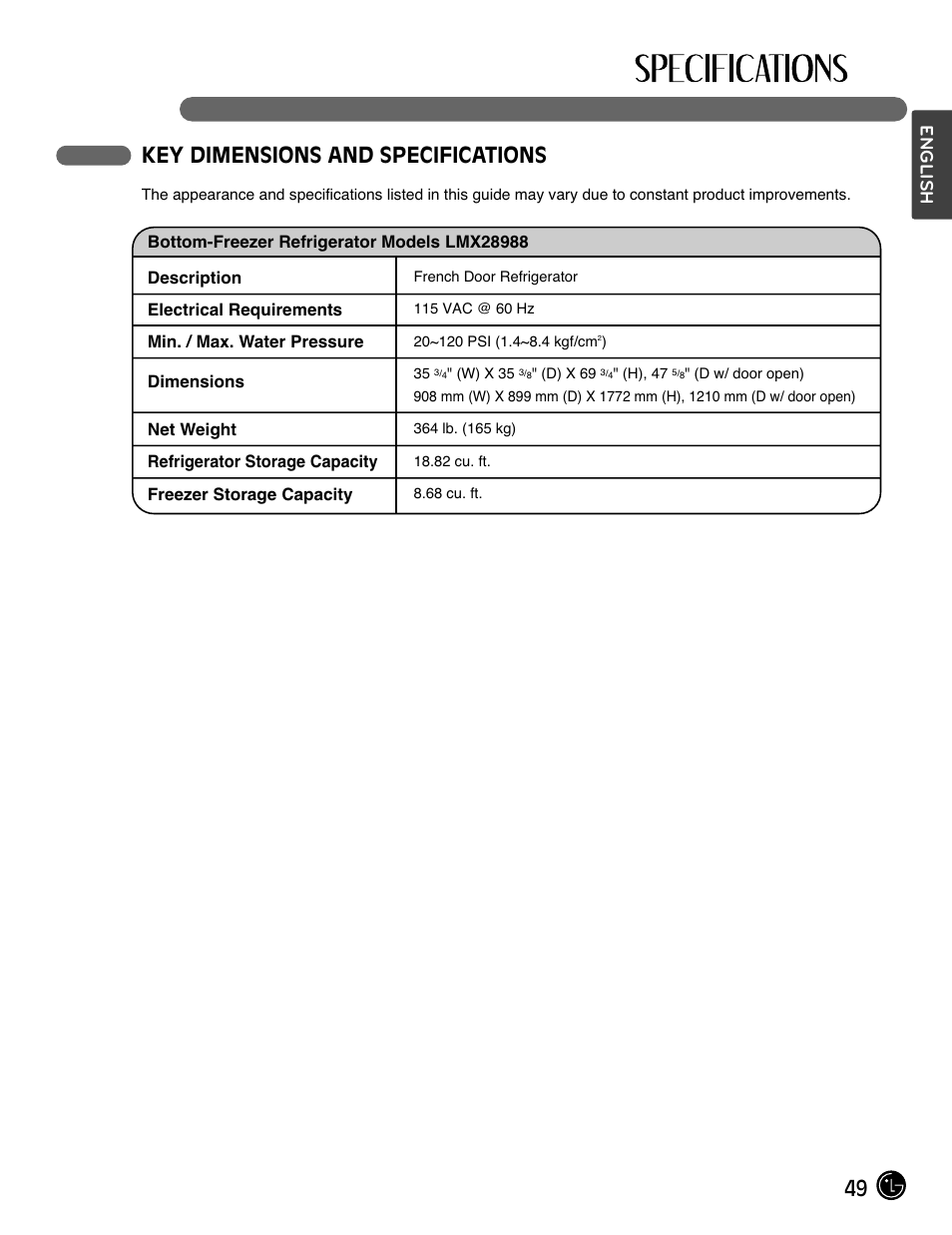 49 key dimensions and specifications, English | LG LMX28988ST User Manual | Page 49 / 156