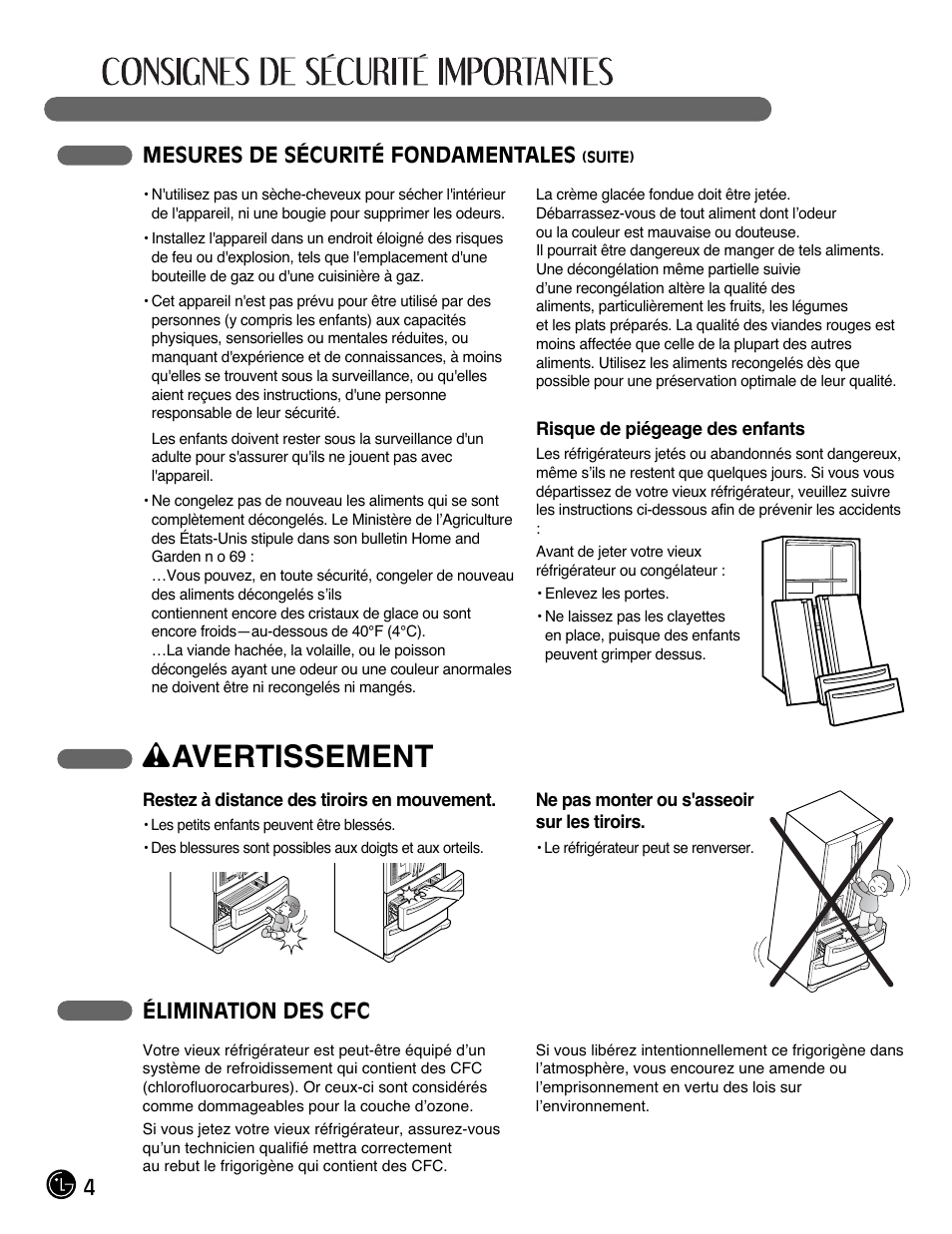 Wavertissement, 4mesures de sécurité fondamentales, Élimination des cfc | LG LMX28988ST User Manual | Page 56 / 156