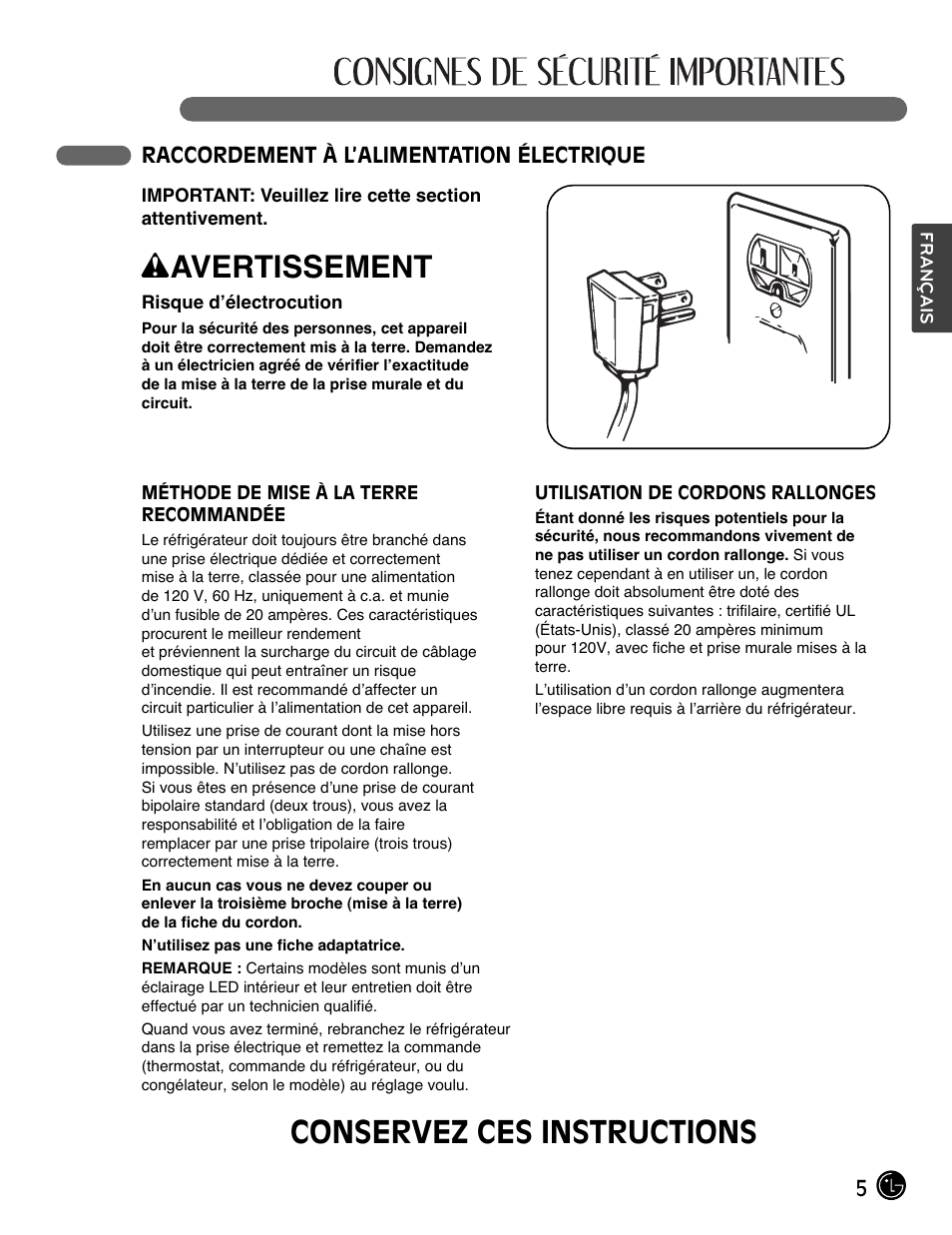 Wavertissement, Conservez ces instructions | LG LMX28988ST User Manual | Page 57 / 156