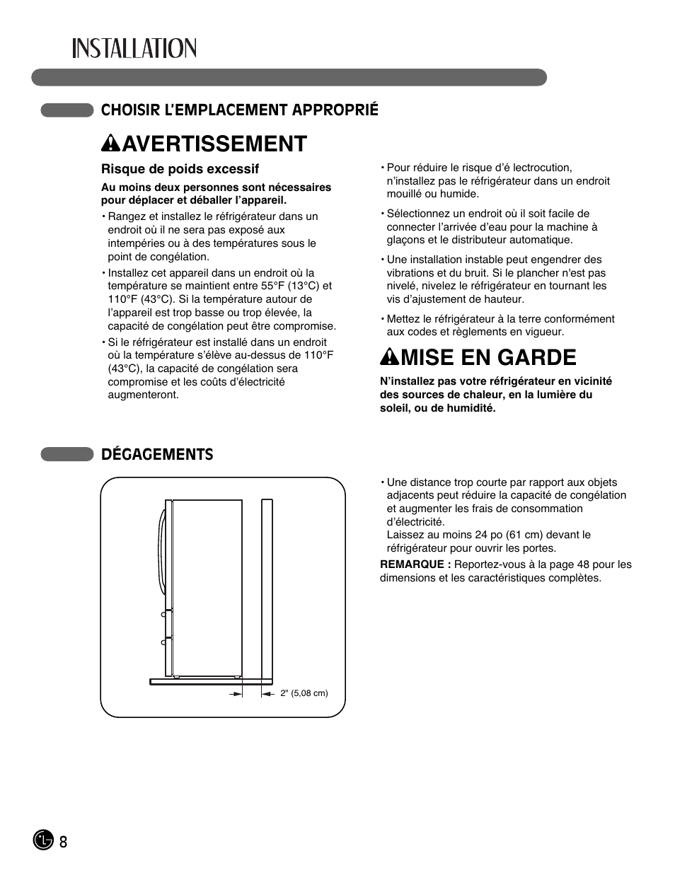 Wavertissement, Wmise en garde | LG LMX28988ST User Manual | Page 60 / 156