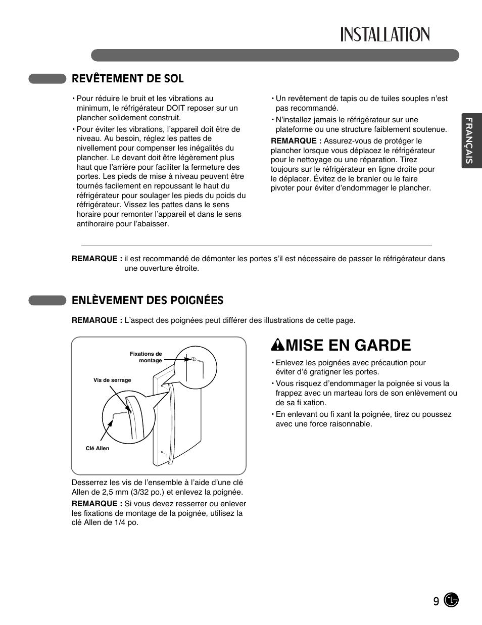 Wmise en garde, 9revêtement de sol, Enlèvement des poignées | LG LMX28988ST User Manual | Page 61 / 156