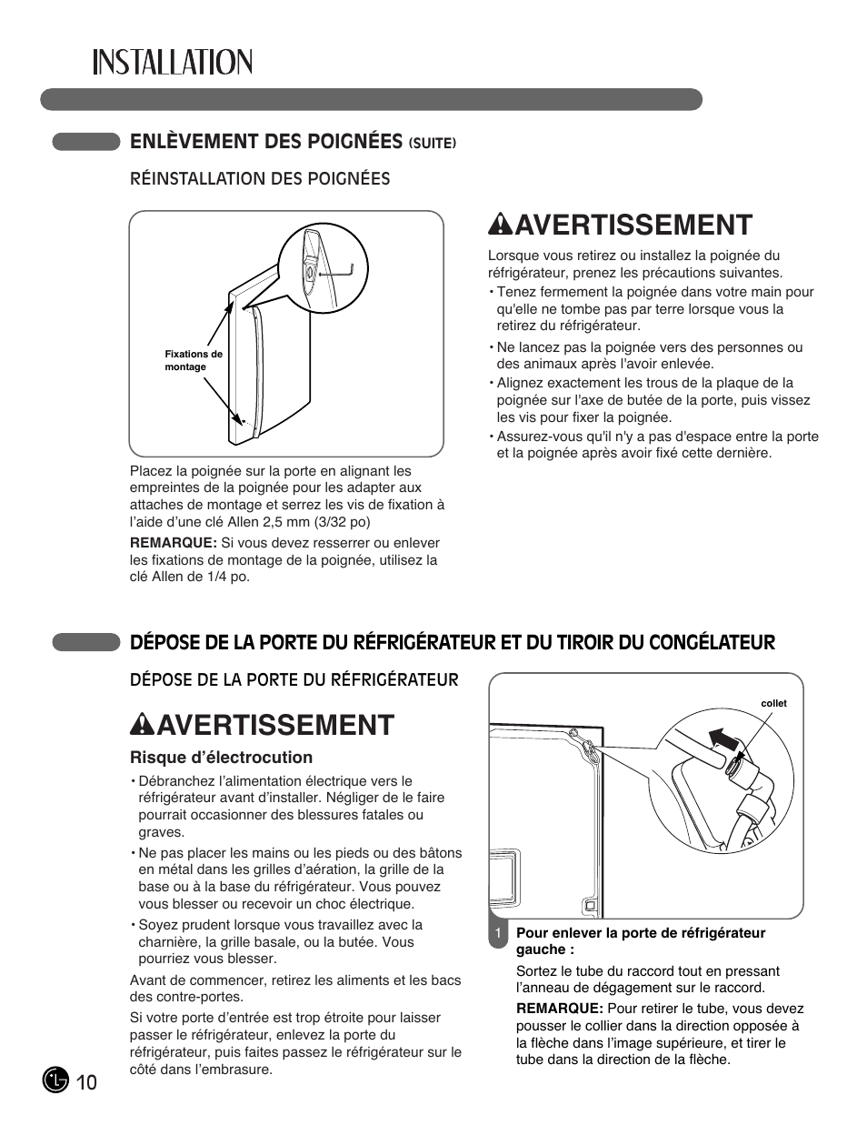 Wavertissement, 10 enlèvement des poignées | LG LMX28988ST User Manual | Page 62 / 156