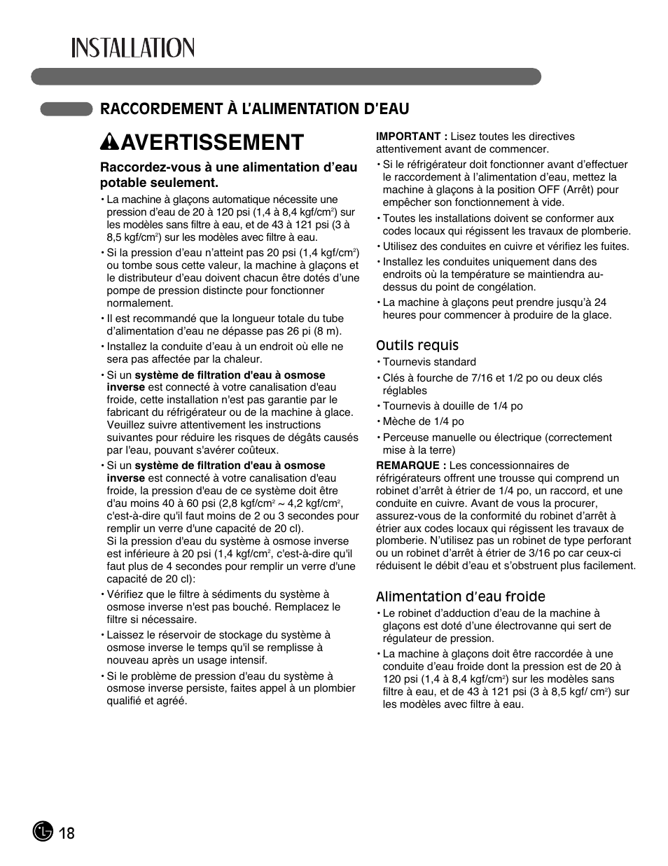 Wavertissement, 18 raccordement à l’alimentation d’eau | LG LMX28988ST User Manual | Page 70 / 156