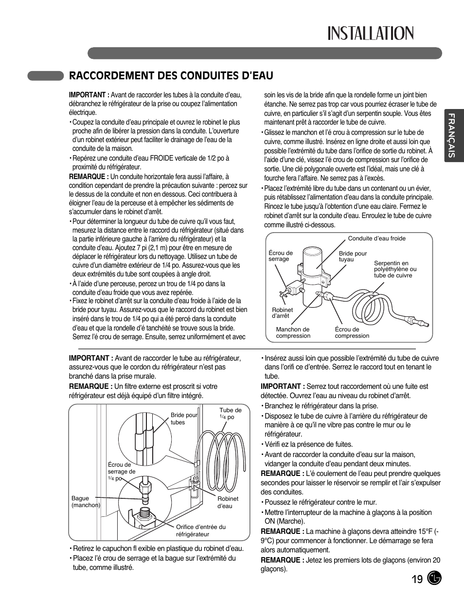 19 raccordement des conduites d’eau, Français | LG LMX28988ST User Manual | Page 71 / 156