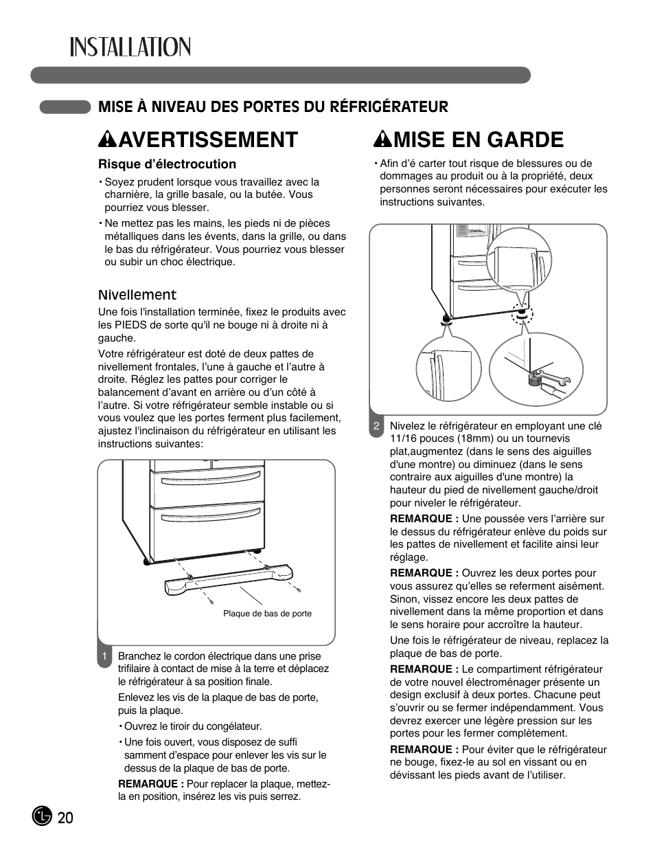 Wavertissement, Wmise en garde, 20 mise à niveau des portes du réfrigérateur | LG LMX28988ST User Manual | Page 72 / 156