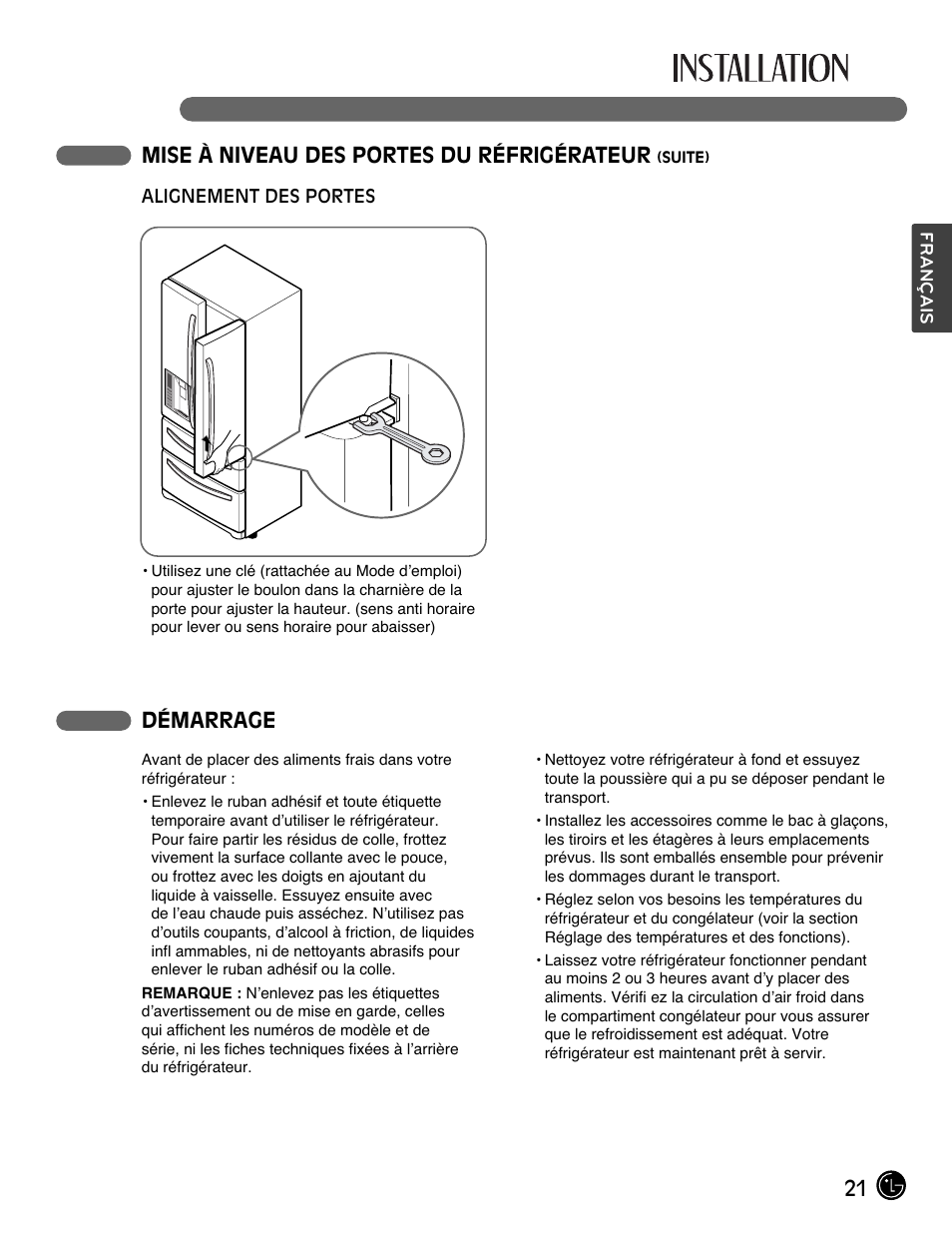 21 mise à niveau des portes du réfrigérateur, Démarrage | LG LMX28988ST User Manual | Page 73 / 156