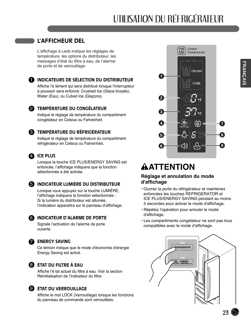 Wattention, 23 l’afficheur del | LG LMX28988ST User Manual | Page 75 / 156