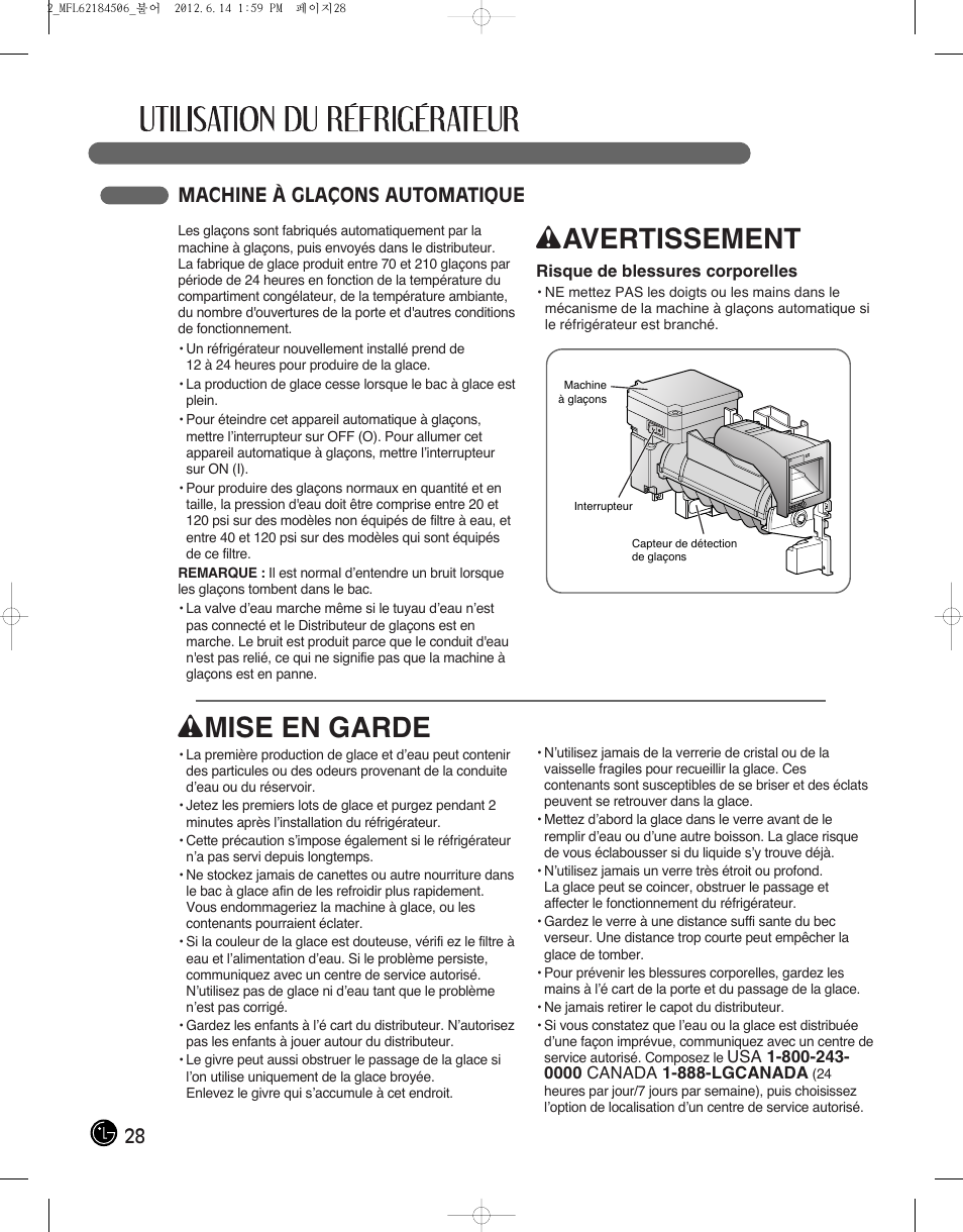 Wavertissement, Wmise en garde, 28 machine à glaçons automatique | LG LMX28988ST User Manual | Page 80 / 156