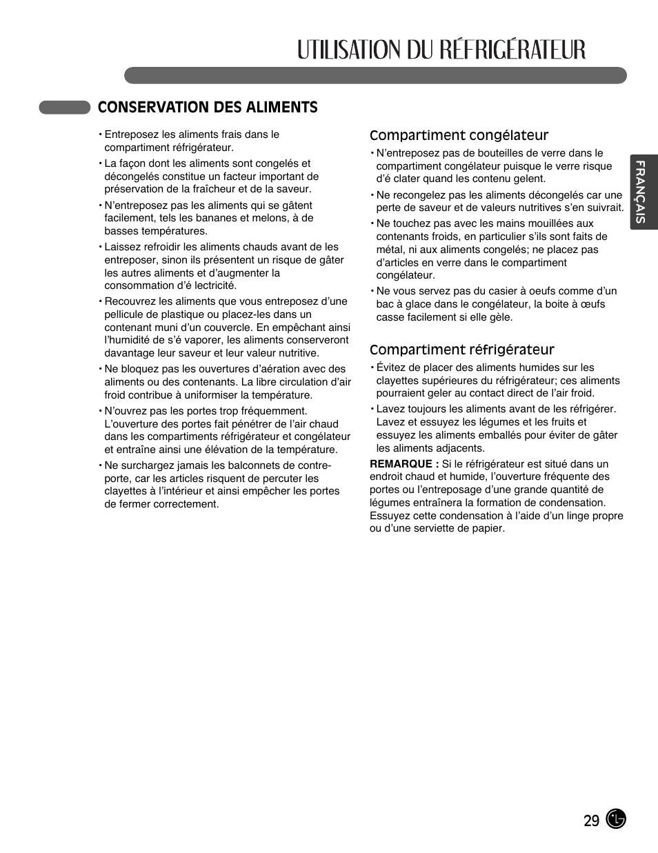 29 conservation des aliments | LG LMX28988ST User Manual | Page 81 / 156