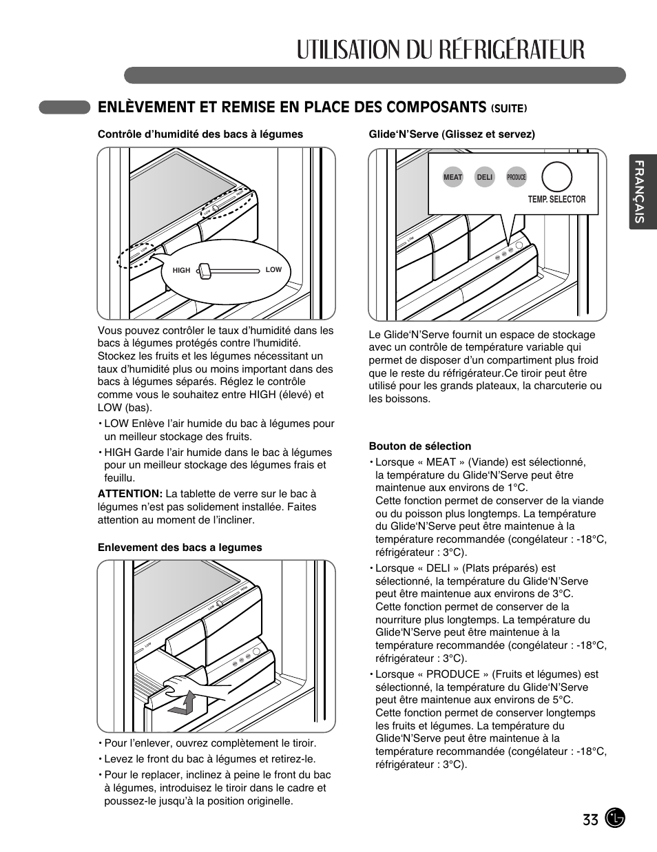 33 enlèvement et remise en place des composants, Français, Temp. selector | LG LMX28988ST User Manual | Page 85 / 156
