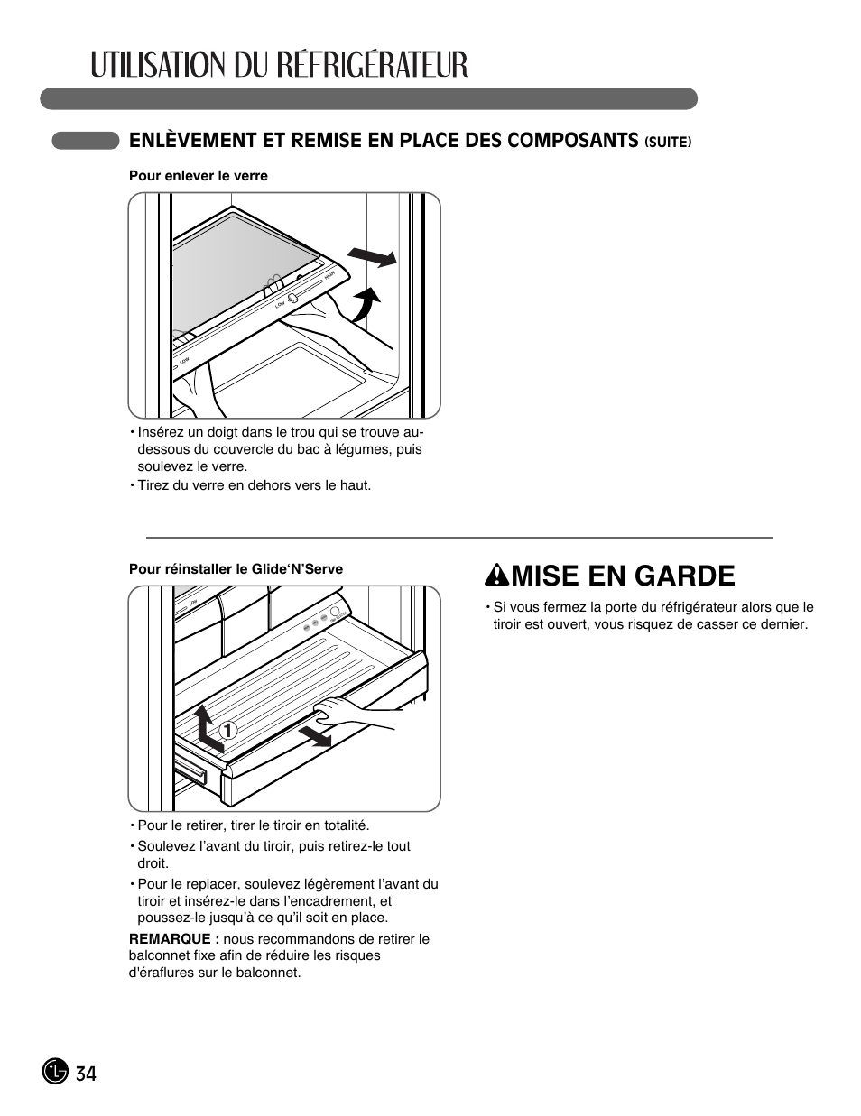 Wmise en garde, 34 enlèvement et remise en place des composants | LG LMX28988ST User Manual | Page 86 / 156