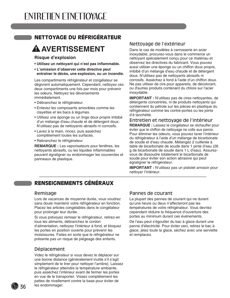 Avertissement, 36 nettoyage du réfrigérateur, Renseignements généraux | LG LMX28988ST User Manual | Page 88 / 156