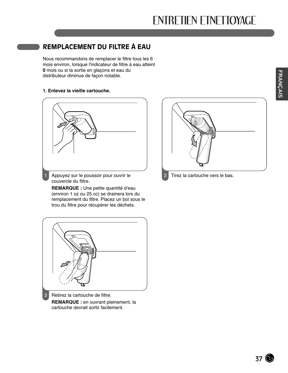 37 remplacement du filtre à eau | LG LMX28988ST User Manual | Page 89 / 156