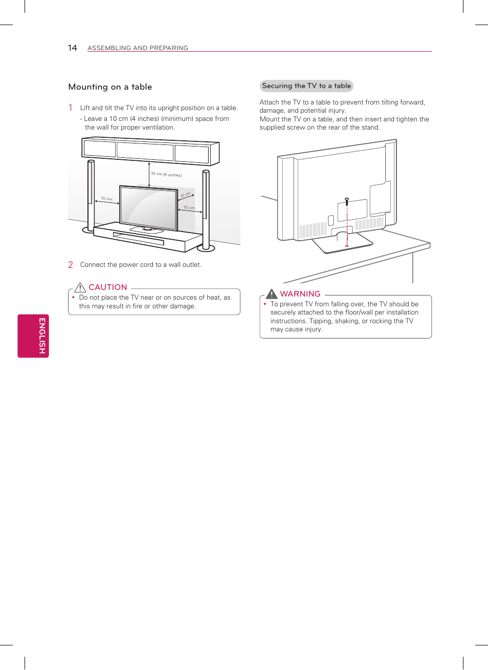 Mounting on a table 1 | LG 60LN5400 User Manual | Page 14 / 48