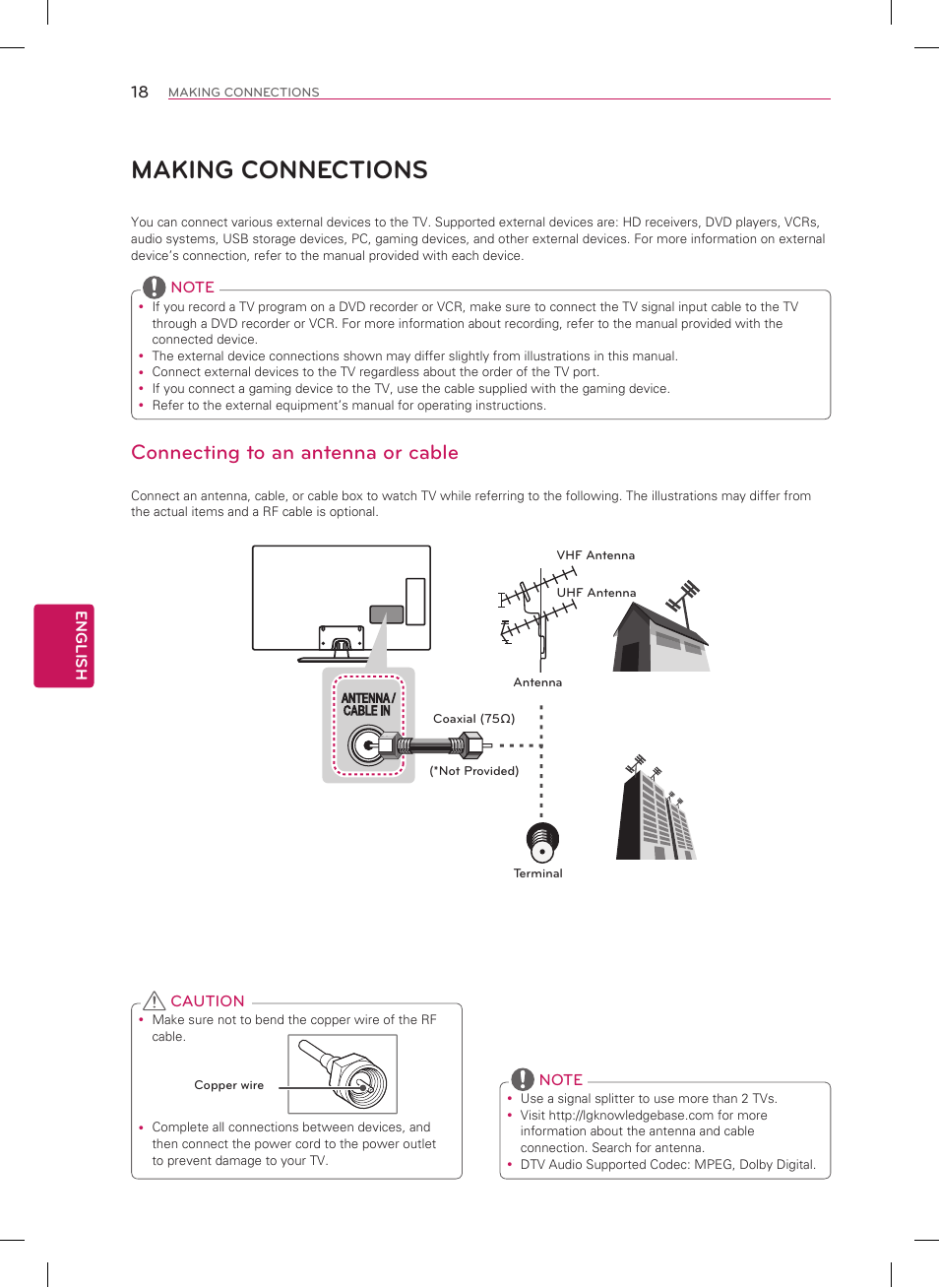 Making connections, Connecting to an antenna or cable | LG 60LN5400 User Manual | Page 18 / 48