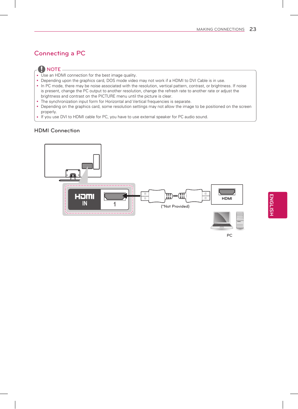 Connecting a pc, Hdmi connection | LG 60LN5400 User Manual | Page 23 / 48