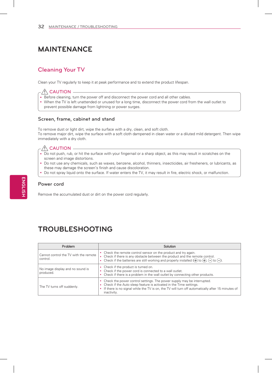 Maintenance, Troubleshooting, Cleaning your tv | Screen, frame, cabinet and stand, Power cord | LG 60LN5400 User Manual | Page 32 / 48