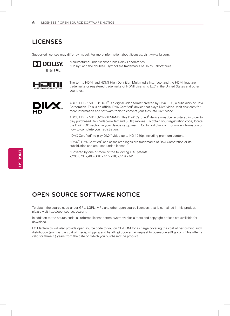 Licenses, Open source software notice | LG 60LN5400 User Manual | Page 6 / 48