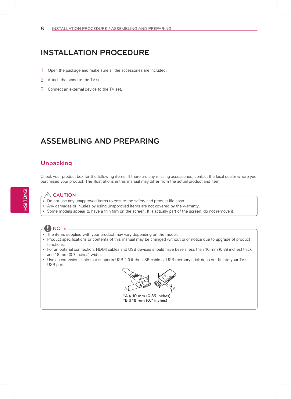 Installation procedure, Assembling and preparing, Unpacking | LG 60LN5400 User Manual | Page 8 / 48