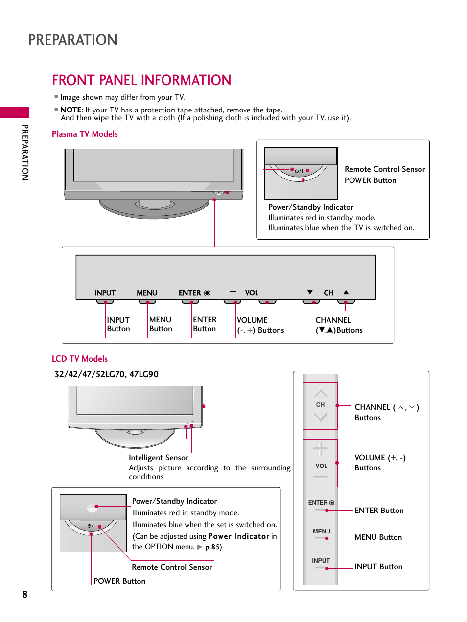 Front panel information, Preparation, Prep ar ation | Plasma tv models, Lcd tv models | LG 52LG60-UG User Manual | Page 10 / 152