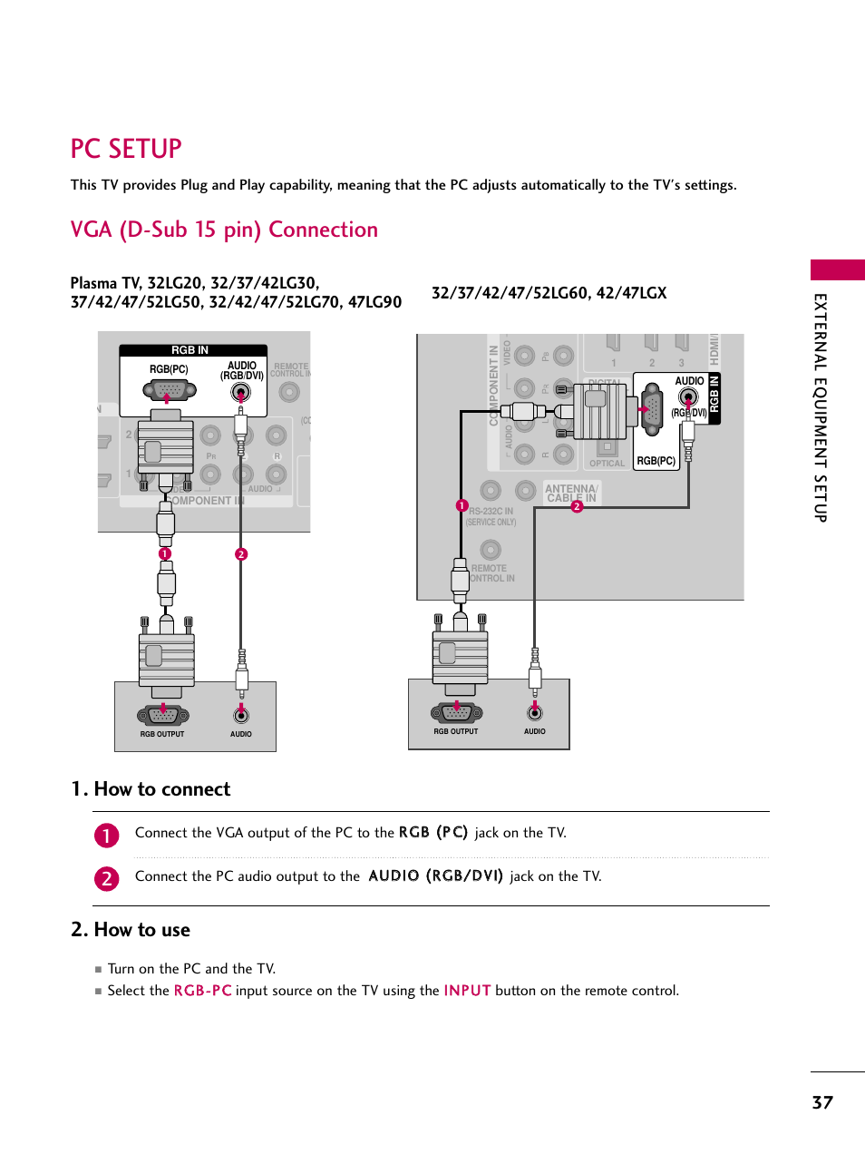 Pc setup, Vga (d-sub 15 pin) connection, How to connect 2. how to use | External eq uipment setup | LG 52LG60-UG User Manual | Page 39 / 152