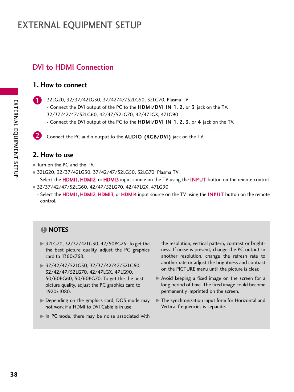 Dvi to hdmi connection, External equipment setup, How to connect | How to use | LG 52LG60-UG User Manual | Page 40 / 152