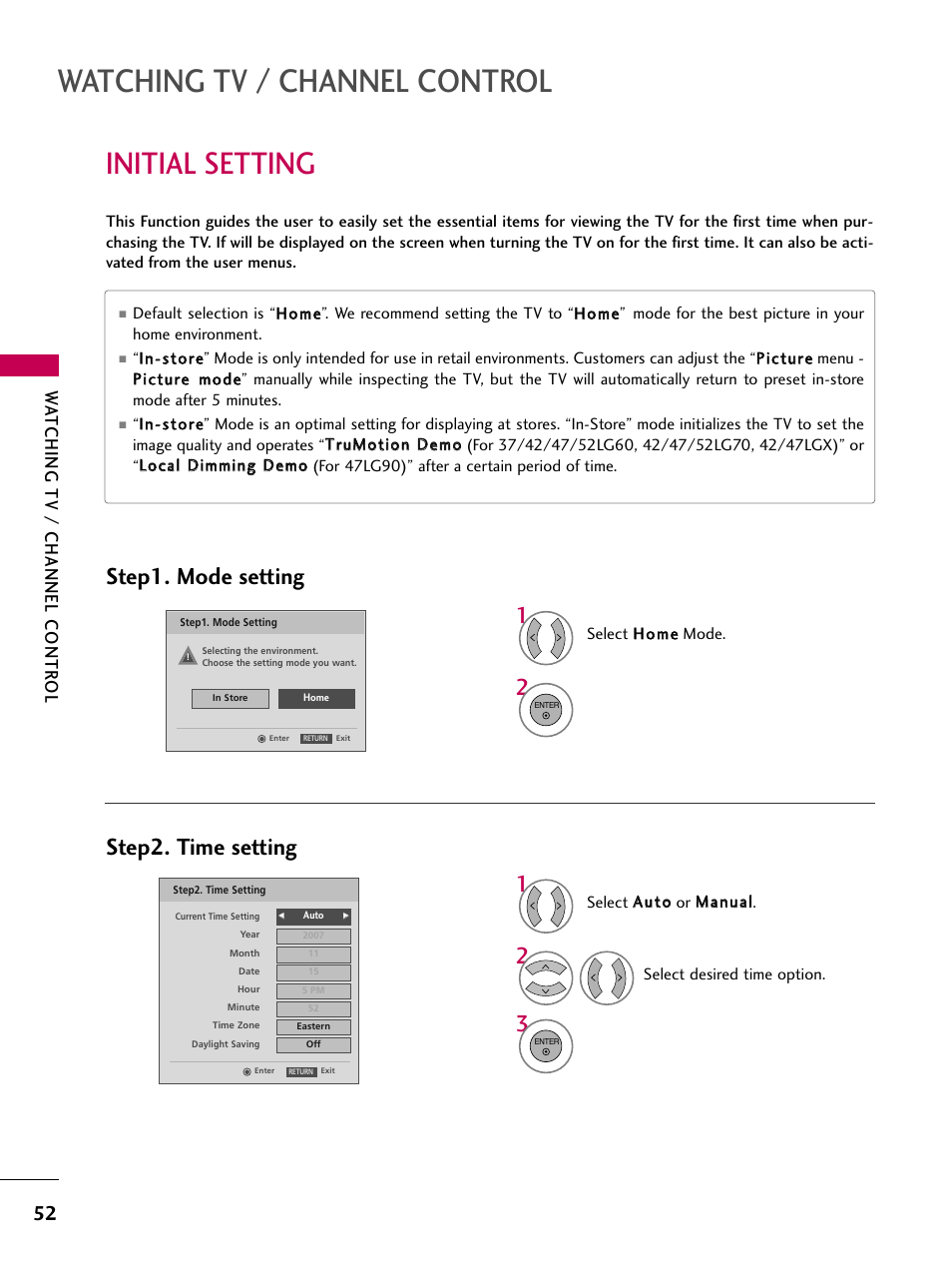 Initial setting, Watching tv / channel control, Step1. mode setting step2. time setting | Watching tv / channel contr ol | LG 52LG60-UG User Manual | Page 54 / 152