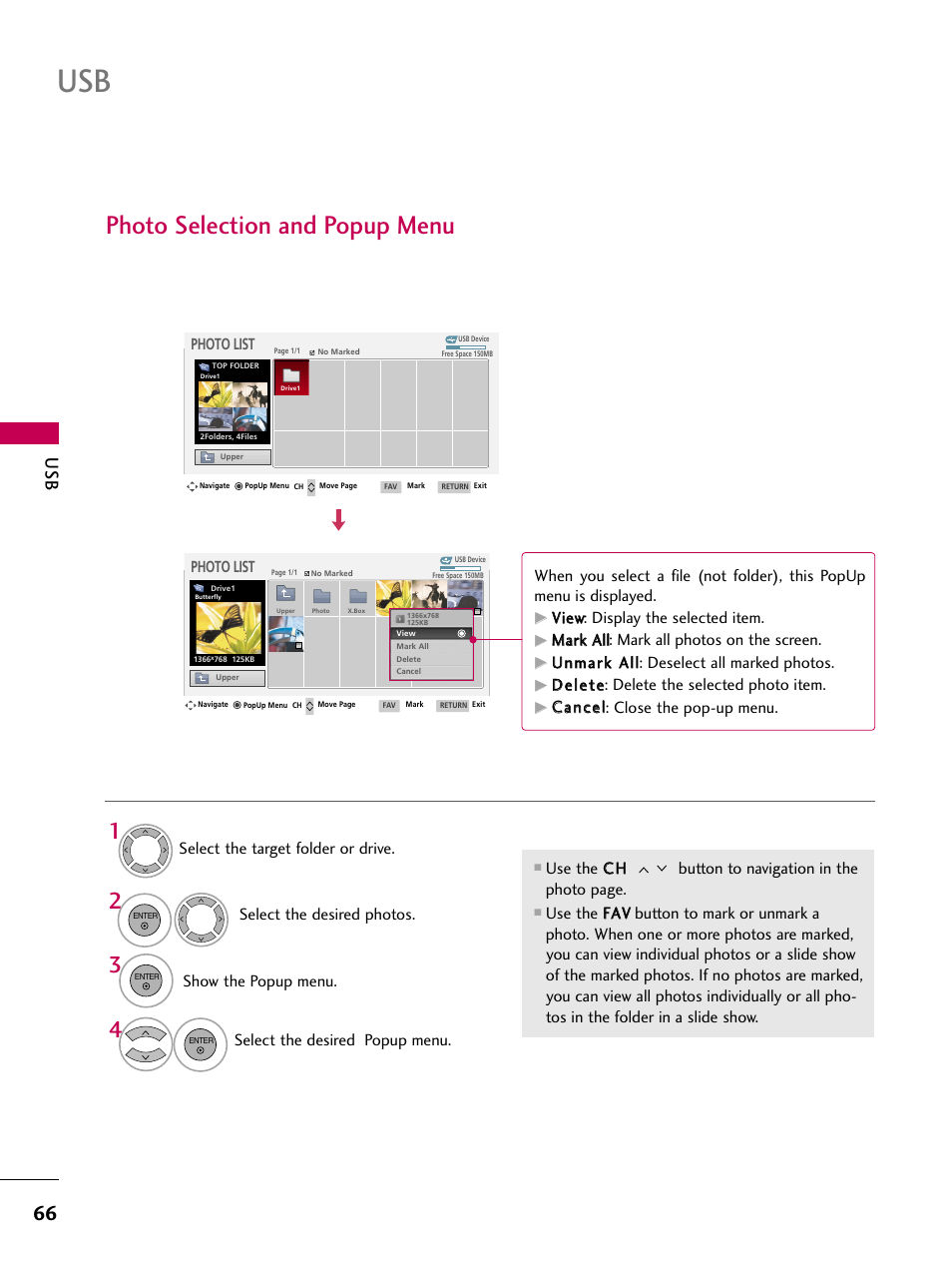 Photo selection and popup menu, Photo list, Show the popup menu | Select the desired popup menu, Vviieew w: display the selected item, Ddeelleettee: delete the selected photo item, Ccaanncceell: close the pop-up menu | LG 52LG60-UG User Manual | Page 68 / 152