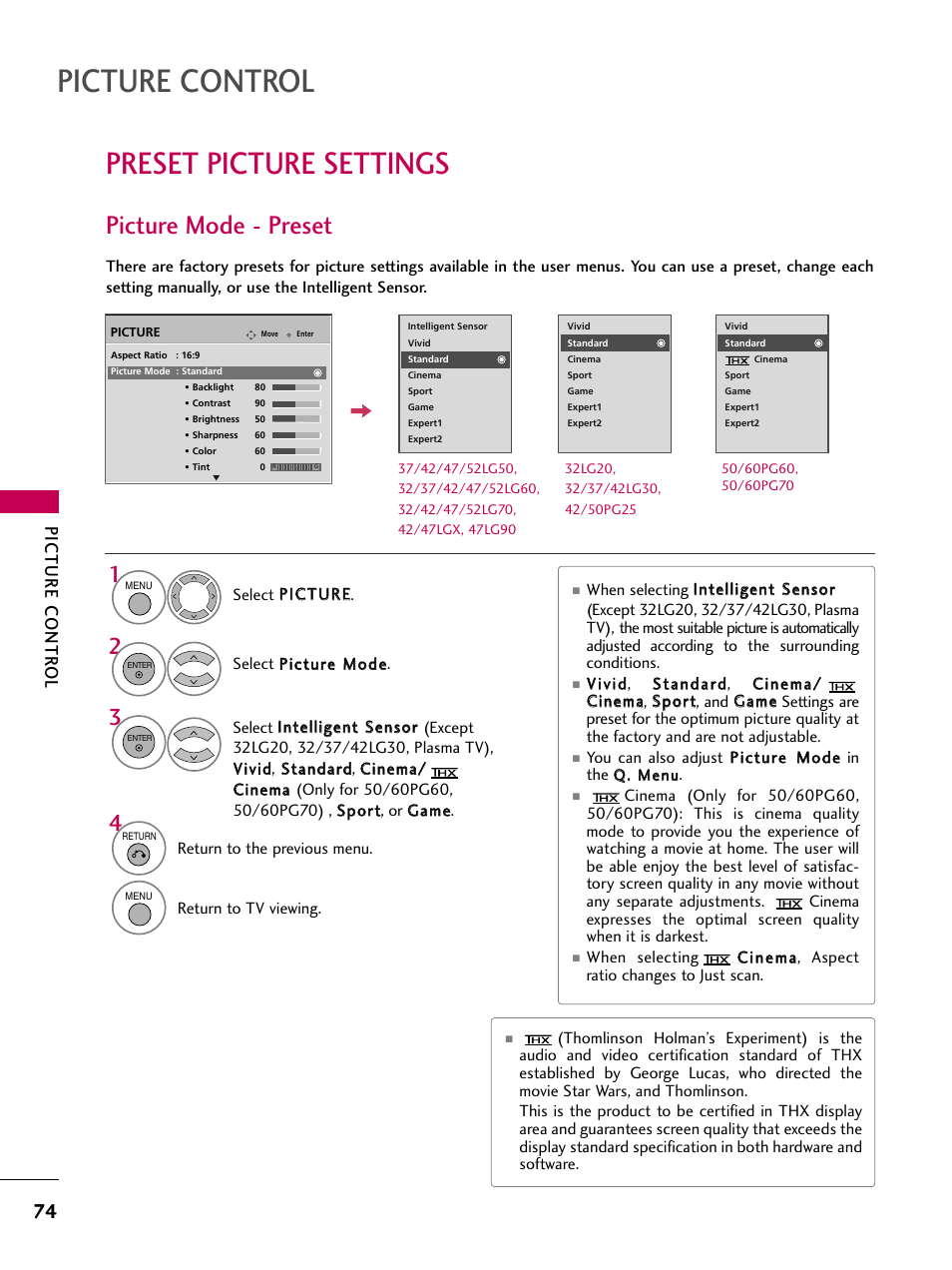 Preset picture settings, Picture mode - preset, Picture control | Picture contr ol | LG 52LG60-UG User Manual | Page 76 / 152