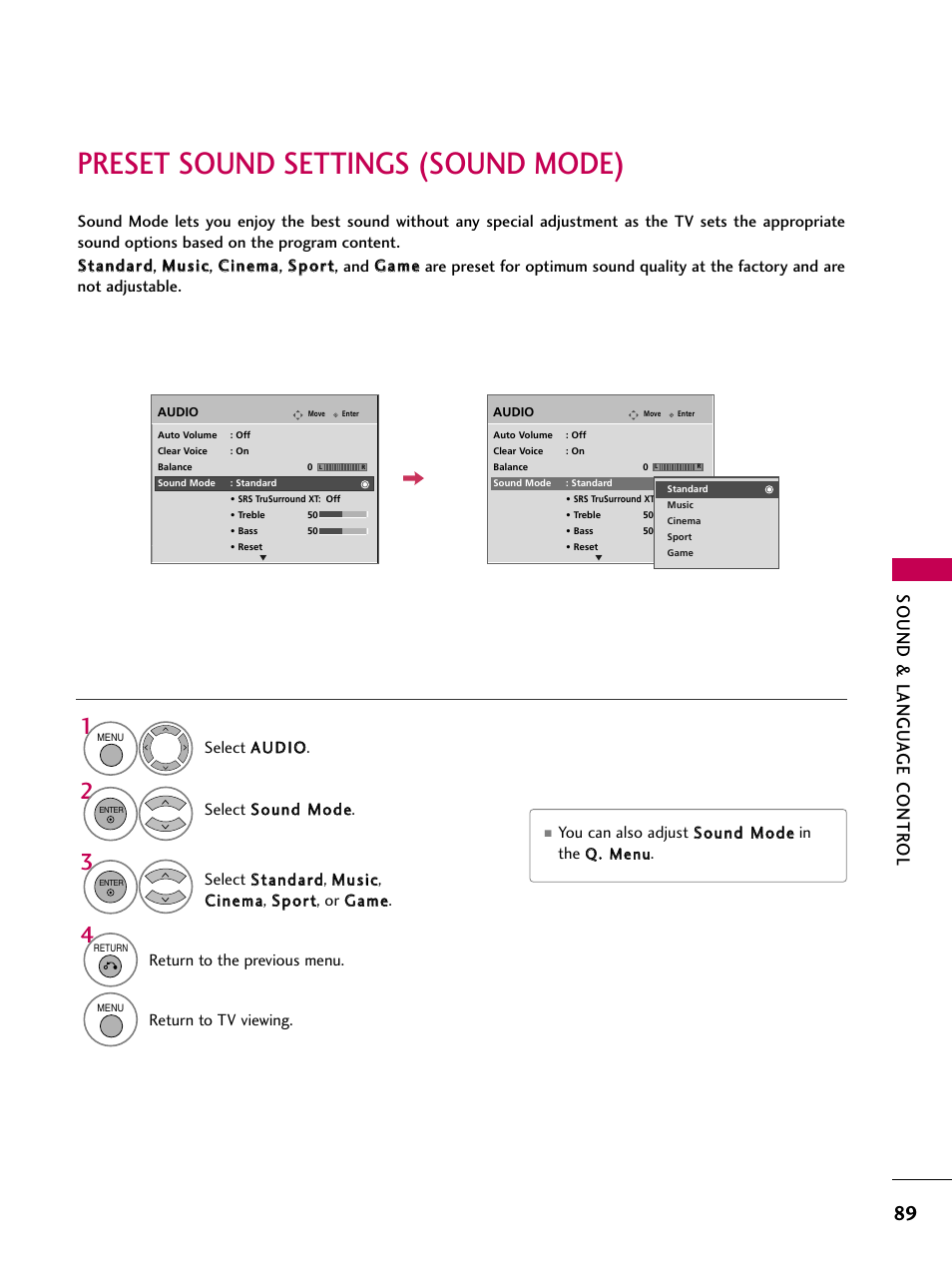 Preset sound settings (sound mode), Sound & langu a ge contr ol | LG 52LG60-UG User Manual | Page 91 / 152