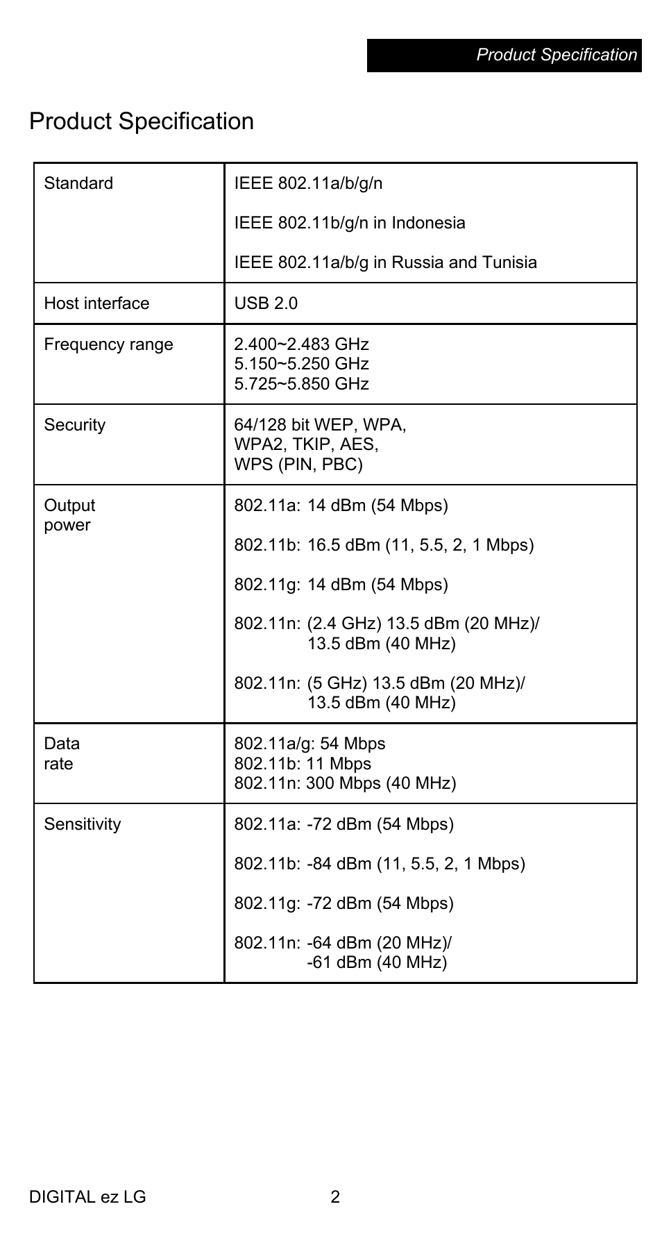 Product specification | LG AN-WF100 User Manual | Page 3 / 20