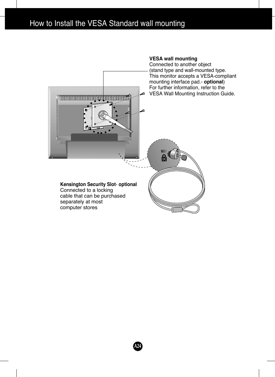 How to install the vesa standard wall mounting | LG L1730SF User Manual | Page 25 / 26