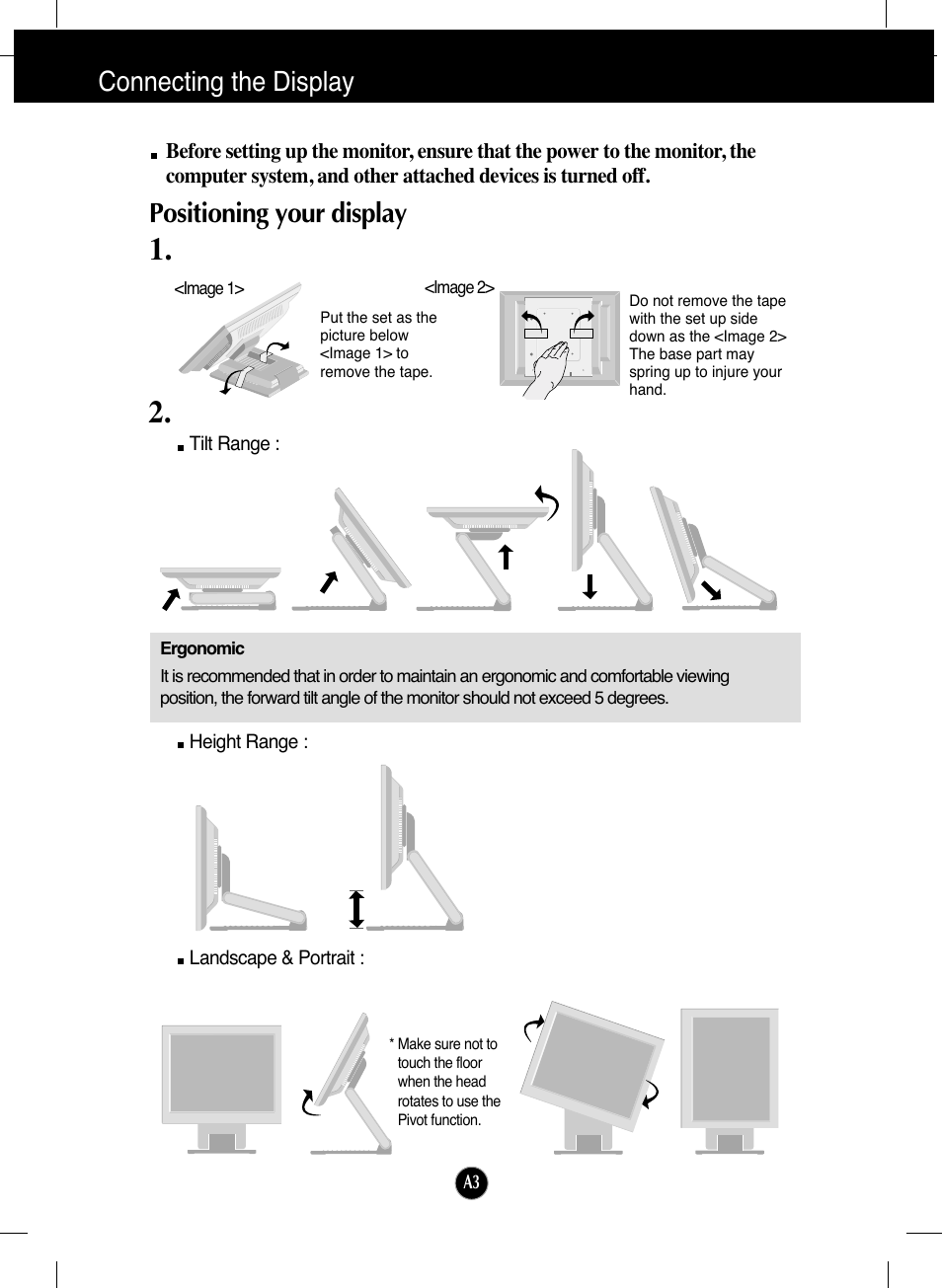 Connecting the display, Positioning your display | LG L1730SF User Manual | Page 4 / 26