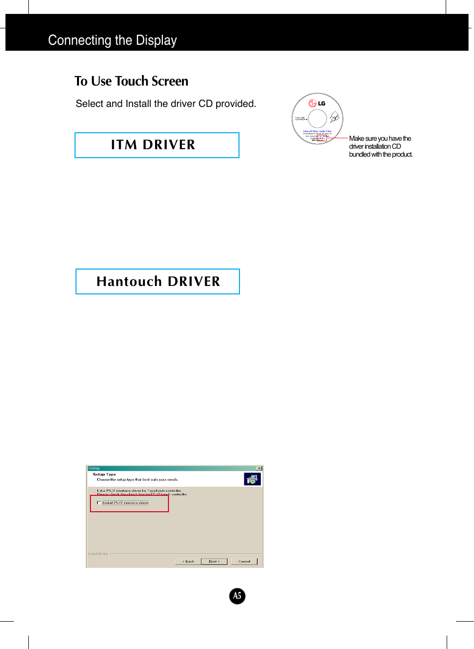 To use touch screen, Connecting the display to use touch screen, Hantouch driver itm driver | LG L1730SF User Manual | Page 6 / 26