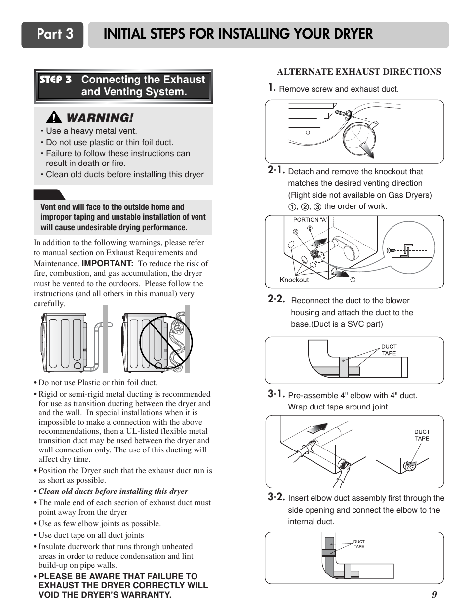 Part 3 initial steps for installing your dryer, Warning | LG TD-V10150G User Manual | Page 10 / 65