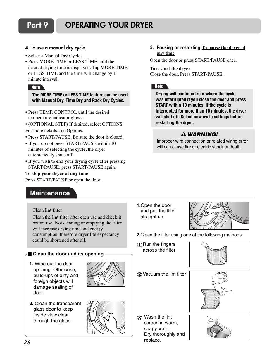 Part 9 operating your dryer, Maintenance | LG TD-V10150G User Manual | Page 29 / 65